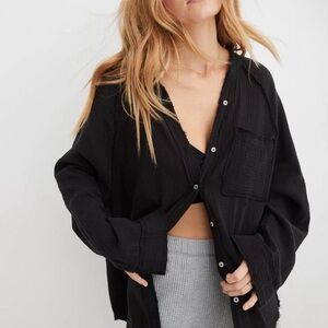 Aerie Gauzy Black Textured Button Shirt Size M Waffleknit